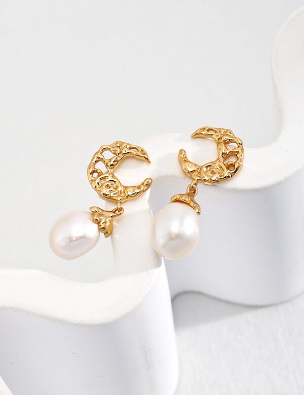 Hollow Moon Natural Pearl Earrings - Image 2